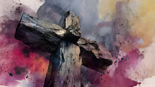 Watercolour pencil illustration of a wooden cross. Colorful background with splashes. A sense of evil and the end of the world.