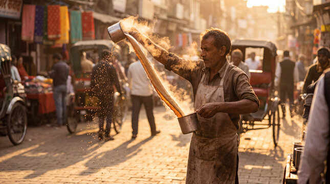 Indian street vendor pouring hot masala chai tea at golden hour