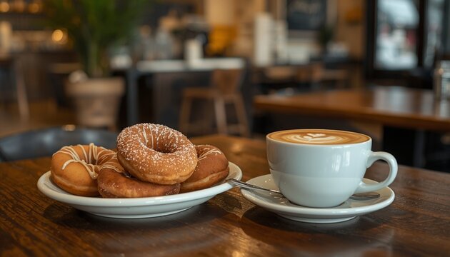 A caf&eacute;-style scene with donuts served alongside coffee, cozy and inviting atmosphere.