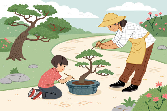 Charming Bonsai Collection With Children Kneeling Bef