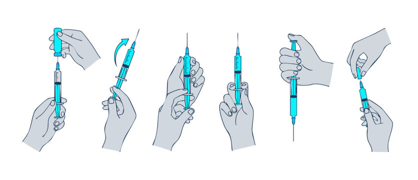 Medical Syringe Injection Procedure Steps, Professional Hand Handling Vaccination Equipment for Healthcare Training, Clinical Vaccine Preparation Process, Flat Vector Icon Set on White Background Isol