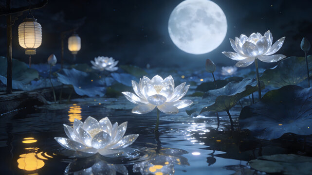 Glowing translucent lotus flowers on water under full moon with paper lanterns