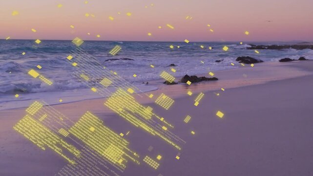 Marker appearing above surf, neon cluster expanding, drifting, splitting, showing data over sand