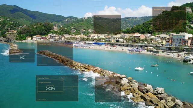 Jetty and bay showing HUD panels as camera drifting triggers values updating to show coastal data