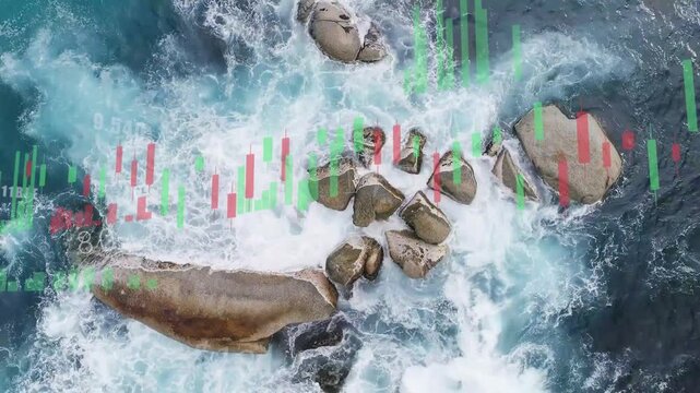 Drone footage showing candlestick overlay appearing from left, covering rocks to show market risk