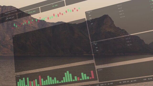 On startup floating trading HUD rotating forward, clarifying candles and volume for market analysis