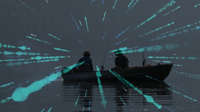 Two anglers sitting in boat fishing on lake, teal streaks starting off edge radiating across rod
