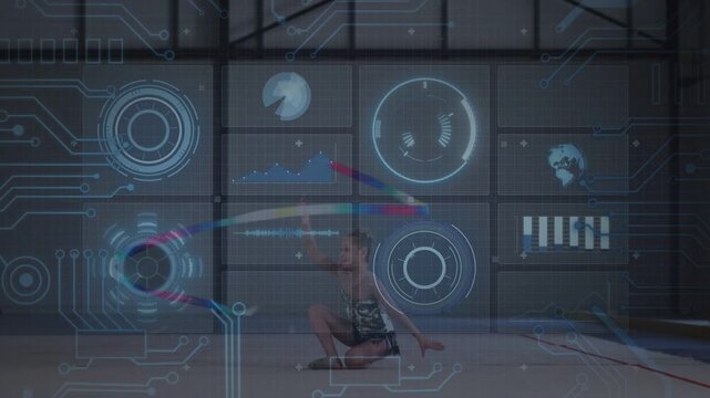 Child gymnastics athlete practicing ribbon swing, moving to seated while guiding spirals HUD static