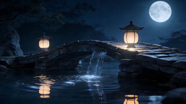 Stone arch bridge with traditional lanterns under full moon at night