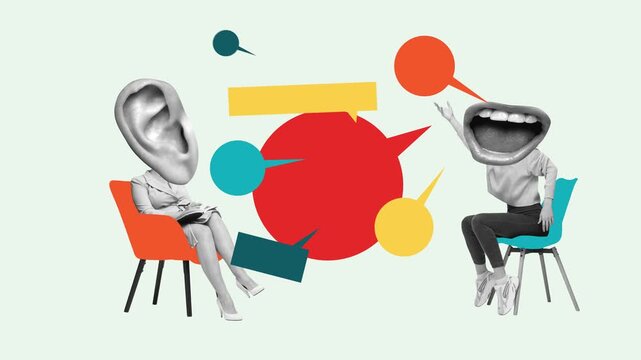 Surreal animated collage with seated people with giant ear and open mouth heads, surrounded by bright speech bubbles on pastel background for feedback and social media visuals.