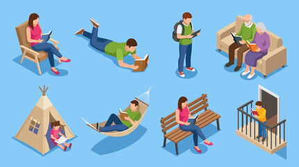 Fototapeta premium This illustration depicts a variety of individuals reading in different scenarios, showcasing the importance and joy of reading in various environments and settings.