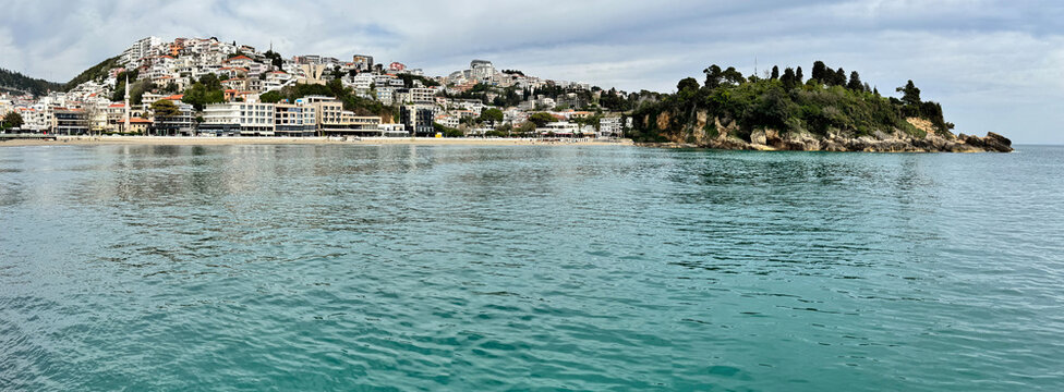 Stari Grad Ulcinj coastal skyline viewed from calm Adriatic water off season