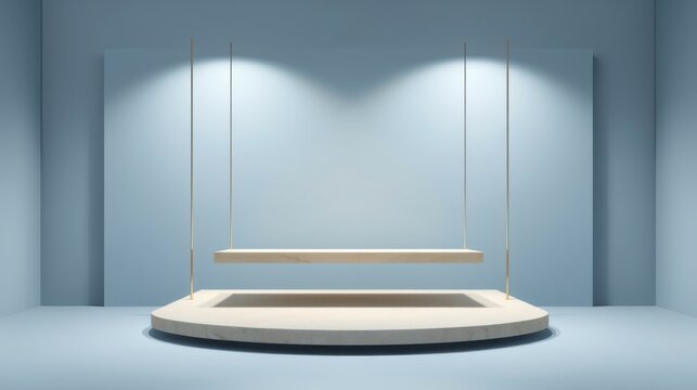 Minimalist stage setup. Light blue backdrop, circular platform, suspended wooden plank. Clean lines, simple presentation, focus on emptiness.