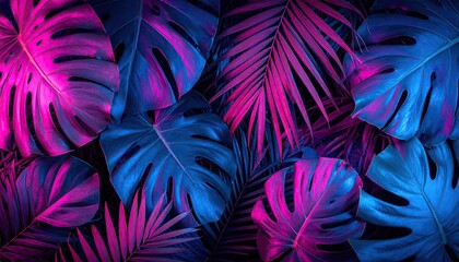 Neon Palm & Monstera Leaves Vibrant, Colorful Pattern Background for Decoration Use