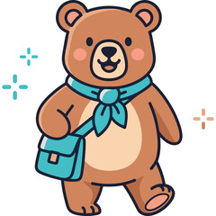 Obraz premium A cartoon brown bear wearing a blue scarf and carrying a bag walks forward.