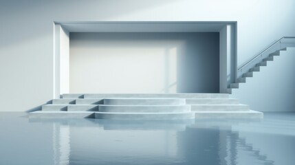 Fototapeta premium Minimalist interior. Concrete steps lead to recessed wall. Water reflects light, creating serene atmosphere. Clean lines dominate space.