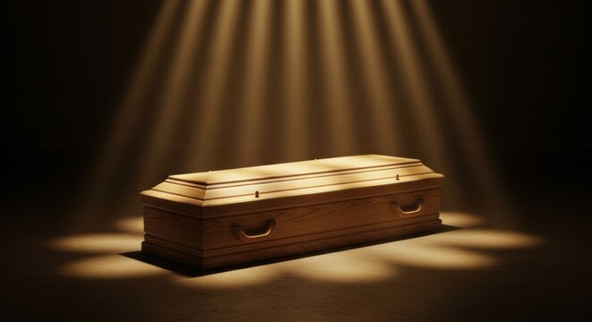 A wooden coffin sits alone in darkness lit by spotlight beams