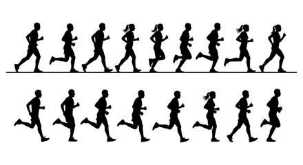 Obraz premium silhouettes of male and female runners in motion depicting race or athletic training