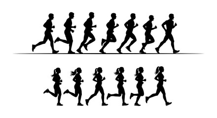 Obraz premium silhouettes of male and female runners in motion graphic resource for sports and fitness