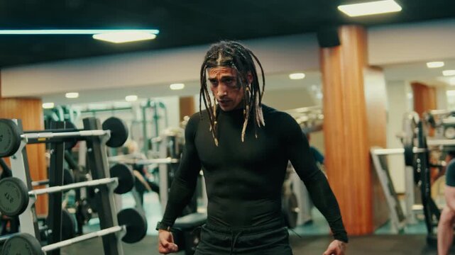 Muscular Man Flexing Biceps in the Gym