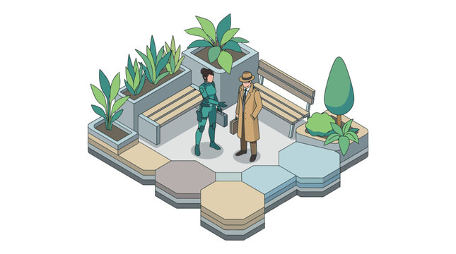 This image depicts two individuals conversing in a garden-like environment, symbolizing communication, collaboration, and the beauty of nature in interpersonal relationships.