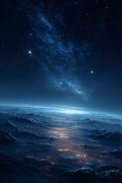 blue space background with stars and a planet, glowing light at the bottom of the picture, blue glow on the earth's surface, dark sky, night sky.