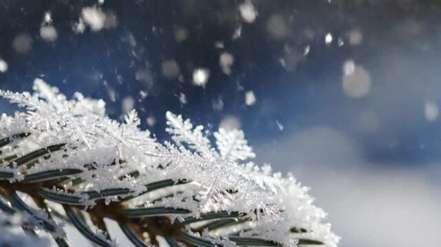 Close-up of delicate snowflakes falling gently on pine tree branch in winter