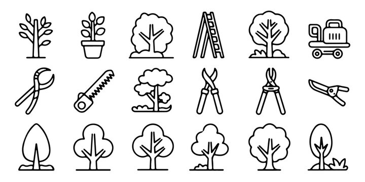 Garden landscaping and tree trimming line icon pack. Modern vector set for gardening, lawn care, arborist, outdoor maintenance and landscape design projects. Vector illustration.