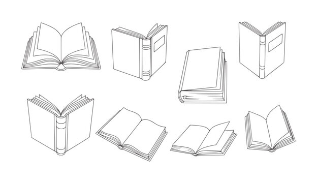Collection of open and closed books in line style pages