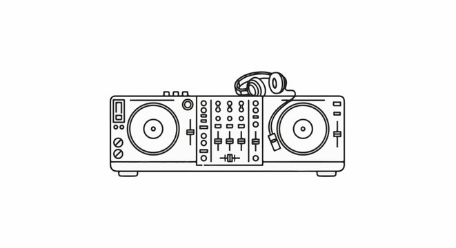 A line drawing of a dj setup with two turntables, a mixer and headphones on top