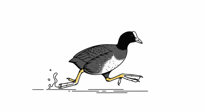 A cartoon coot with black and white plumage runs on water