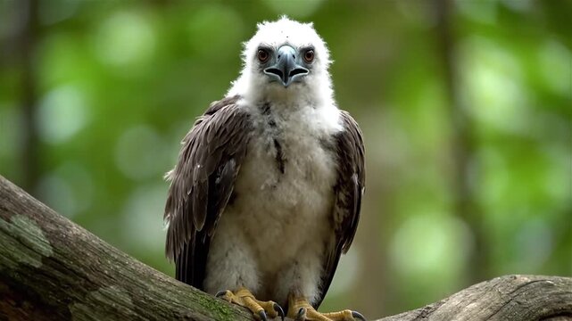 Close up of The Philippine Eagle Chick also known as the Monkey-eating Eagle (Pithecophaga jefferyi) sitting on tree, Mindanao Island, Philippines
