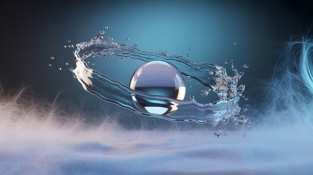 Abstract water splash with a reflective silver sphere in the center, creating