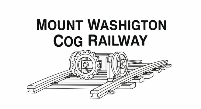 Vintage cog railway engine mechanism on tracks, graphic line art