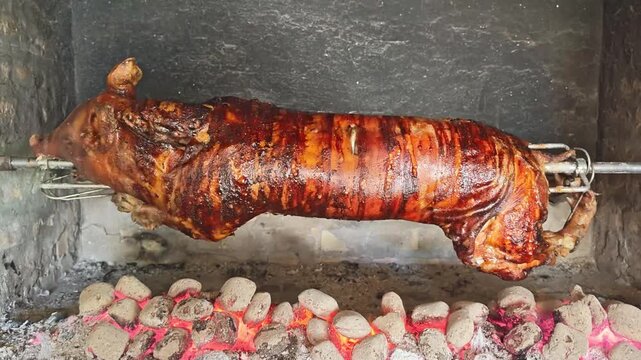 Whole roast pig cooking on a spit over hot coals outdoors  