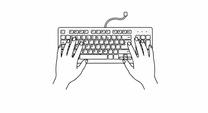 Two hands typing on a computer keyboard in a simple outline drawing