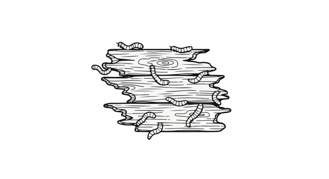 Cartoon illustration of many small grubs crawling on pieces of rotting wood