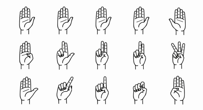 Collection of black and white illustrations showing various hand gestures and finger counts