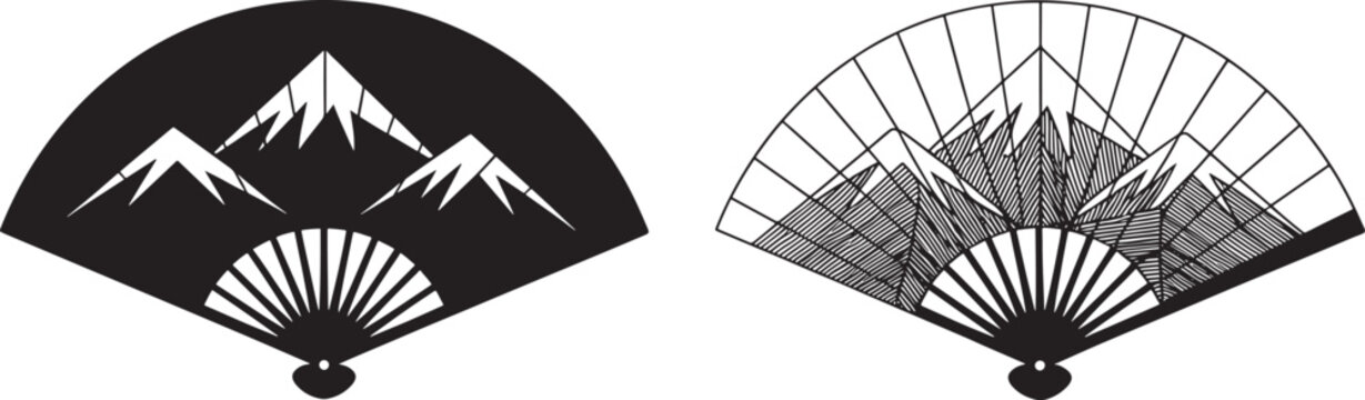 Elegant black and white folding fans with mountain and crane designs