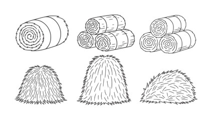 Six hand drawn of hay bales in various shapes and arrangements straw stack roll © Mohammad