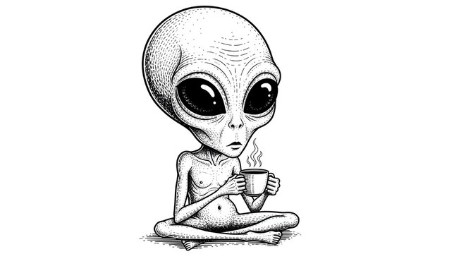 A stylized extraterrestrial holding a steaming cup of coffee sits cross-legged.