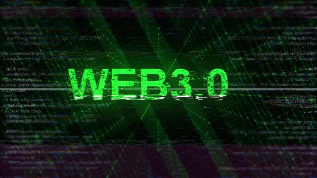 Futuristic Web 3.0 Text With Digital Glitch Effect And Neon Green Glow Over A Dark Background Filled With Computer Code And Scanning Lines. High-tech Cyberpunk Aesthetic Featuring Data Distortion And 