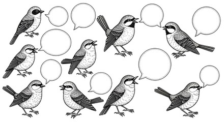 Fototapeta premium A group of small birds with speech bubbles are illustrated in a black and white style, suggesting conversation or communication among them.