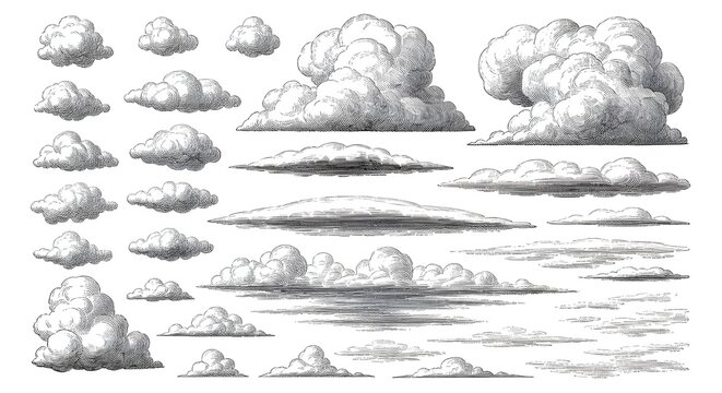 A diverse collection of black and white clouds is rendered in a detailed, scratchboard illustration style, showcasing various shapes and sizes.
