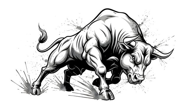 A powerful and muscular bull is depicted in a dynamic black and white illustration with aggressive stance and paint splatters emphasizing its ferocity.