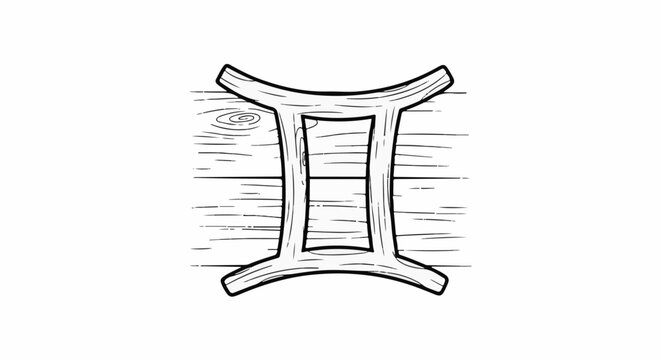 Black and white sketch of Gemini zodiac symbol on wood grain background