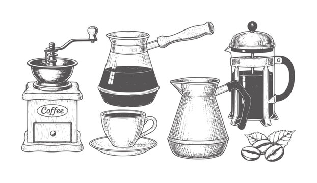 Vintage coffee grinder cezve french press cup and coffee beans