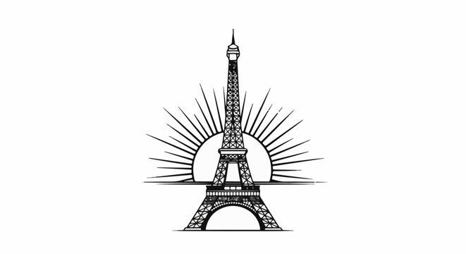 Stylized Eiffel Tower with radiating sunburst behind it on a white background