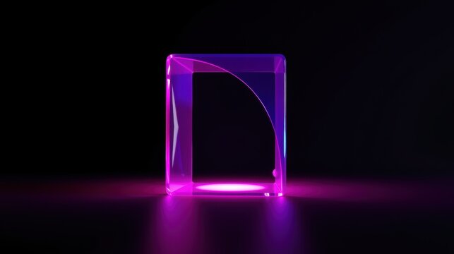 Glowing purple cube sits upon reflective surface. Minimalist design, dramatic lighting creates modern aesthetic. Focus on geometry, light play.