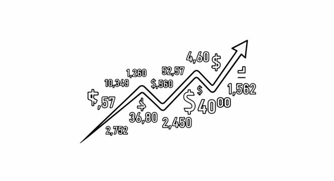 A rising line graph with dollar signs and numerical data points